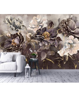 Fototapeta 3D na ścianę  na wymiar flizelinowa duże kwiaty złote łodygi samoprzylepna studiograf