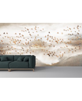 Fototapeta 3D na ścianę  na wymiar flizelinowa złote ptaki w beżowej mgle góry studiograf