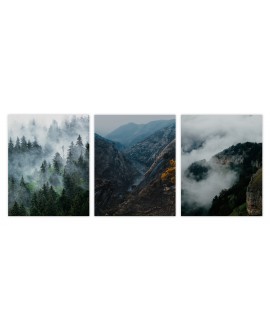 Zestaw 3 plakatów obrazków grafik poster postery las mgła góry krajobrazy studiograf