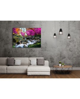 Obraz na płótnie canvas duży 120x80 wodospad pomarańczowe różowe drzewa kamienie las studiograf